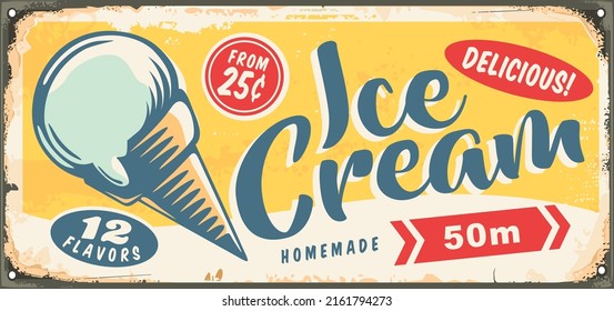 Summer Ice Cream Stand Sign Post Design With Scoop In A Cone Graphic On Yellow Background. Desserts Food Retro Image. Vector Ice Cream Illustration.