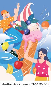 Summer ice cream treat, character jumping next to food, vector illustration