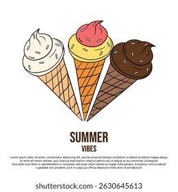 Summer ice cream tree element collection with different taste flavor. Waffle cone with sundae flavor cream