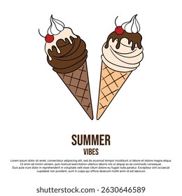 Summer ice cream two element collection with different taste flavor and cherry with cream on top. Waffle cone with sundae flavor cream