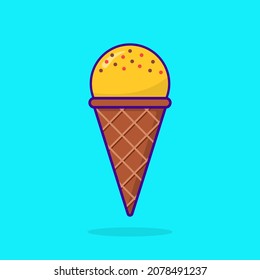 Summer Ice Cream in Waffle Chocolate Cone on Blue Background. Frozen Sweet Ice Cream Illustration. Cute Sundae in Cartoon Style. Isolated Vector.