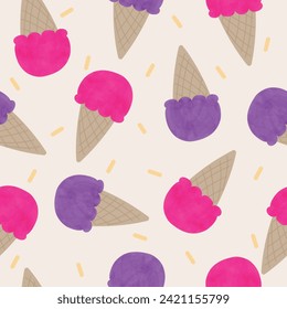 summer ice cream watercolor hand drawn seamless pattern vector illustration for decoration invitation greeting birthday party celebration wedding card poster banner textiles wallpaper background