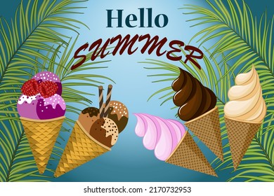 Summer and ice cream.Colorful vector banner with colorful ice cream on palm leaves and text.