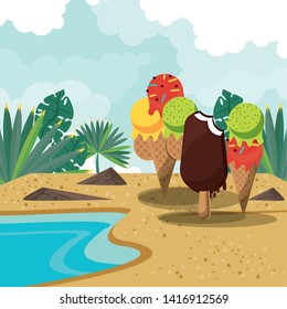 Summer ice creams and popsicle on beach cartoons vector illustration graphic design