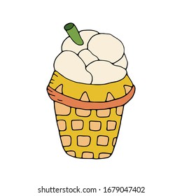 Summer ice dessert. Delicious vanilla ice cream in a waffle cup. Vector hand drawn illustration isolated on white background. Great design for cafe, T-shirt print, sweets shop.