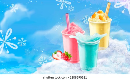 Summer ice shaved takeout cup in mango, strawberry and soda flavors, 3d illustration with blue iced background with snowflakes