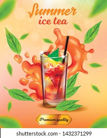 Summer Ice Tea Vertical Banner, Premium Quality Cold Drink, Glass with Ice Cubes, Lemon or Citrus Slices and Straw, Green Leaves around, Advertising, Packaging Design, 3d Vector Realistic Illustration