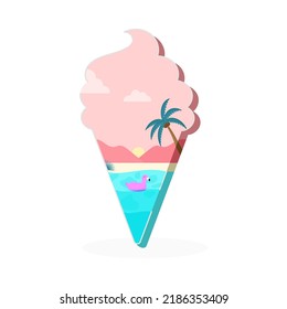 Summer Icecream concept with sunset beach background palm tree for summer holidays or travel concept with space for your message.