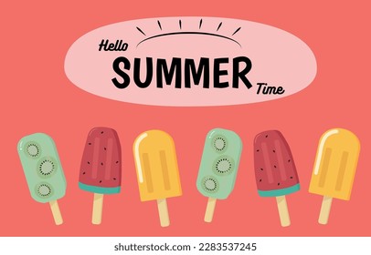 Summer Ice-cream! Hello summer time Retro watermelon and kiwi icecream. Vector illustration Flat design for website, app or Greeting card, poster for printing