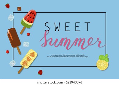 Summer ice-cream menu banner with Berries and fruits for online cafes, restaurants, advertising actions, magazines and websites. Vector illustration eps 10