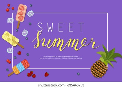 Summer ice-cream menu banner with Berries and fruits for online cafes, restaurants, advertising actions, magazines and websites. Vector illustration eps 10
