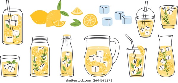 Limonada gelada de verão, refrigerante cítrico bebidas em copos com cubos de gelo, limão, mão desenhada vetor set. Arremessadores, garrafas, jarra, xícara com fatias frescas de limão. Frio caseiro bebidas clip-art
