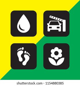summer icon. 4 summer set with flower with leaves, drop silhouette, frontier and human footprints vector icons for web and mobile app