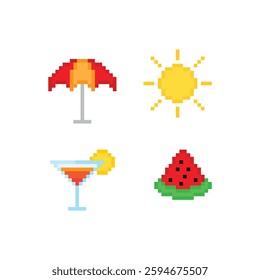 summer icon 8 bit, pixel art sun cocktail watermelon  umbrella   8 bit icon for game  logo. 