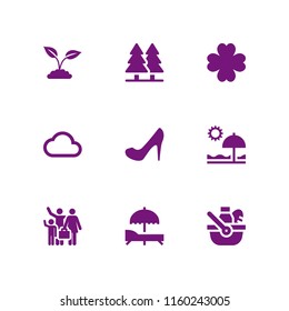 summer icon. 9 summer set with plant with leaves, holidays, sunbed and tree vector icons for web and mobile app