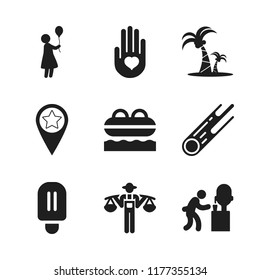 summer icon. 9 summer vector icons set. heart on the palm, woman with balloon and popsicle icons for web and design about summer theme
