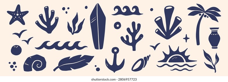 Summer icon beach abstract set. Hand drawn summer icon beach sea wave sun palm surf mediterranean. Boho shell coral ocean travel island tropical vintage background. Vector illustration