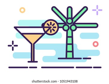 Summer Icon, Beach Icon with cocktail and coconut tree