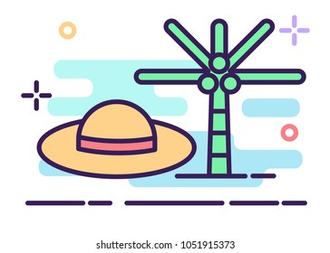Summer Icon, Beach Icon with hat and coconut tree