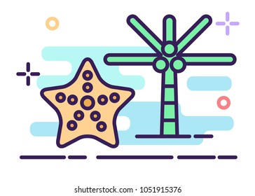 Summer Icon, Beach Icon with seastar and coconut tree