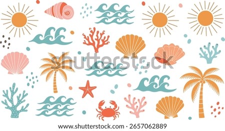 summer, icon, beach, sun, sea, surf, wave, vintage, seashell, palm, blue, tree, crab, sticker, abstract, whimsical, coastal, shape, shell, vector, silhouette, tropical, logotype, design, ocean, groovy