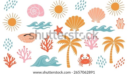 summer, icon, beach, sun, sea, surf, wave, vintage, seashell, palm, blue, tree, crab, sticker, abstract, whimsical, coastal, shape, shell, vector, silhouette, tropical, logotype, design, ocean, groovy