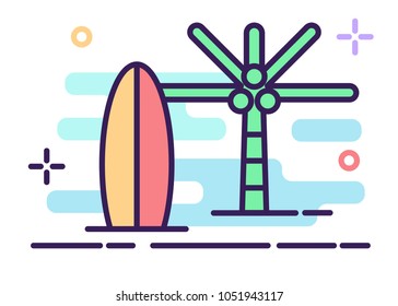 Summer Icon, Beach Icon with surfboard and coconut tree