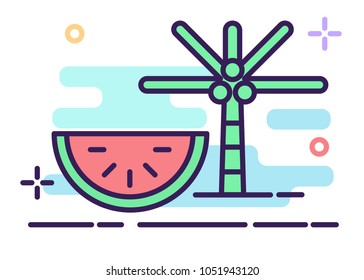 Summer Icon, Beach Icon with watermelon and coconut tree