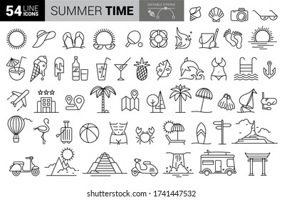 Summer Icon Black Thin Line Set Symbol of Tourism for Web and App Isolated on White Background. Vector illustration
