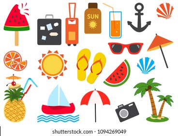 Summer icon, cartoon vacation set, cute tropical sticker. Funny summertime item. Watermelon, boat, ice cream, palm tree, fruit, juice, parasol, pineapple, suitcase, lotion, sun. Vector illustration