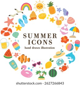 Summer Icon Circle Frame – Hand Drawn Cute Vector Illustration for Holiday Design