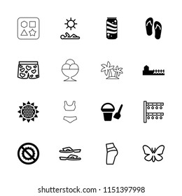 Summer icon. collection of 16 summer filled and outline icons such as bucket toy for beach, no brightness, avenue, butterfly. editable summer icons for web and mobile.