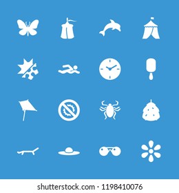 Summer icon. collection of 16 summer filled icons such as berry, butterfly, kite, woman hat, ice cream on stick, cold and hote mode. editable summer icons for web and mobile.