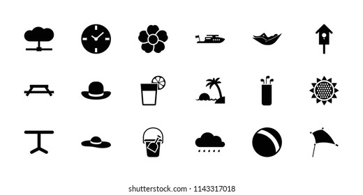Summer icon. collection of 18 summer filled icons such as ball, woman in hammock, boat, table, flower, nesting house, cloud, island. editable summer icons for web and mobile.