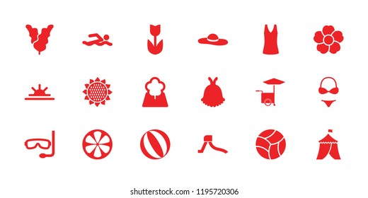 Summer icon. collection of 18 summer filled icons such as sunflower, flower, sun rise, lemon, tree, swimming man, spinach, bikini. editable summer icons for web and mobile.
