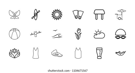 Summer icon. collection of 18 summer outline icons such as table, woman in hammock, flower, flippers, sun, soda. editable summer icons for web and mobile.