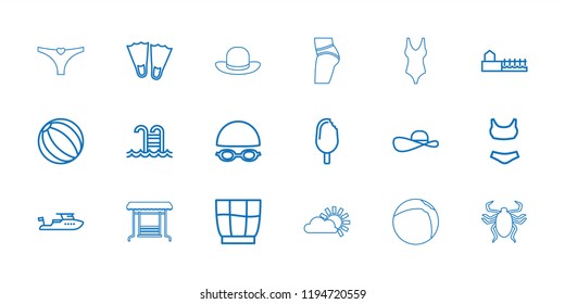 Summer icon. collection of 18 summer outline icons such as boat, flippers, beach ball, swim suit, avenue, drink, swimming pool. editable summer icons for web and mobile.