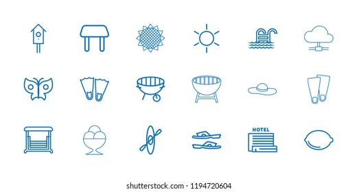 Summer icon. collection of 18 summer outline icons such as sun, table, slippers, flippers, lemon, swing, nesting house, bbq, rowing. editable summer icons for web and mobile.