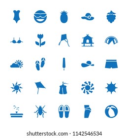 Summer icon. collection of 25 summer filled icons such as beetle, kite, woman hat, flip flops, bra, emot in sun glasses, tent. editable summer icons for web and mobile.