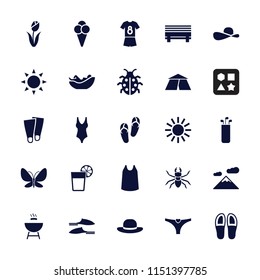 Summer icon. collection of 25 summer filled icons such as sun, flip flops, slippers, singlet, woman hat, mountain, ladybug, bench. editable summer icons for web and mobile.