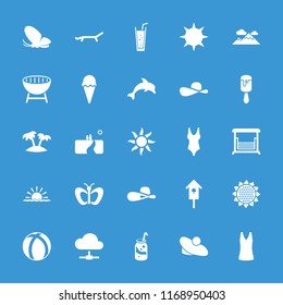 Summer icon. collection of 25 summer filled icons such as sunflower, butterfly, woman hat, soda, swing, nesting house, palm, ball. editable summer icons for web and mobile.