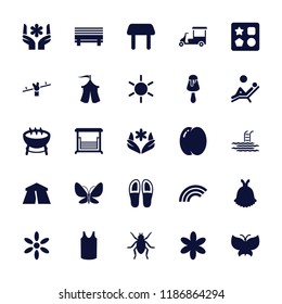 Summer icon. collection of 25 summer filled icons such as peach, sun, beetle, tent, from toy for beach, table, flower, singlet. editable summer icons for web and mobile.