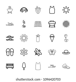 Summer icon. collection of 25 summer outline icons such as sun, flower, slippers, singlet, woman hat, tent, barbecue, ice cream. editable summer icons for web and mobile.