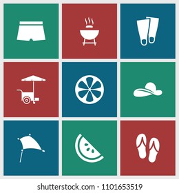 Summer icon. collection of 9 summer filled icons such as barbeque, fast food cart, lemon, watermelon, flip flops, man swim wear. editable summer icons for web and mobile.