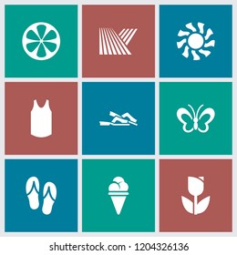 Summer icon. collection of 9 summer filled icons such as field, tulip, lemon, butterfly, slippers, singlet, ice cream, sun. editable summer icons for web and mobile.