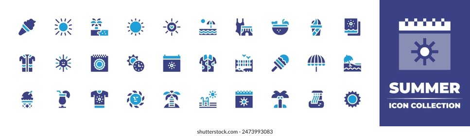 Summer icon collection. Duotone color. Vector illustration. Containing icepop, summer, shirt, swimmingsuit, tshirt, icecream, swimmingpool, daytime, sun, cocktail, palmtree, beach, optimism, sunbed.