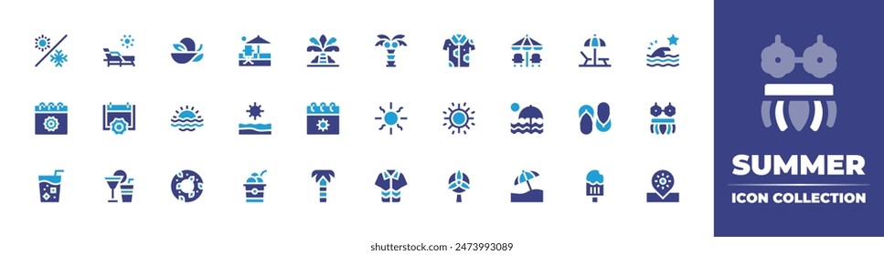 Summer icon collection. Duotone color. Vector illustration. Containing season, sunset, sun, summer, shirt, hawaiianshirt, beachumbrella, cocktail, icetea, palmtree, float, pamelahat, sunbathing.