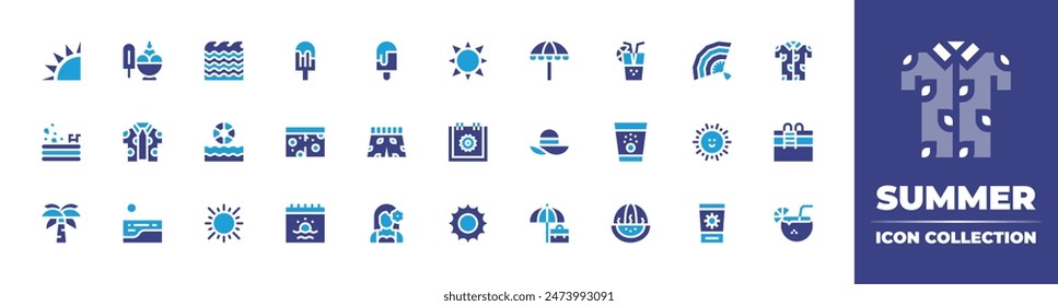 Summer icon collection. Duotone color. Vector illustration. Containing sun, summer, holidays, sunumbrella, sunny, swimmingtrunks, palmtree, seawaves, icecreamshop, icepop, cocktail, icecream.