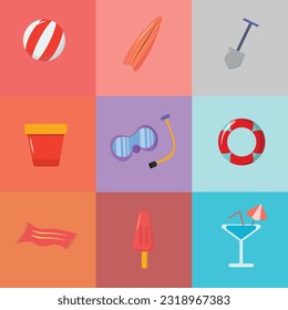Sommerkollektion im flachen Design-Stil. Beachbälle, Surfbretter, Schaufeln, Eimer, Matratzenstrand, Eis, Getränke und andere
