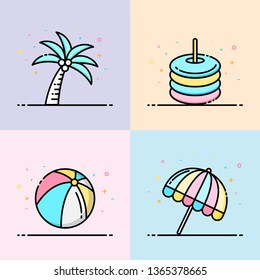 Summer icon collection in pastel color. The set contain coconut tree, rubber ring, beach ball and umbrella beach for social media banner, summer poster and app icon design.